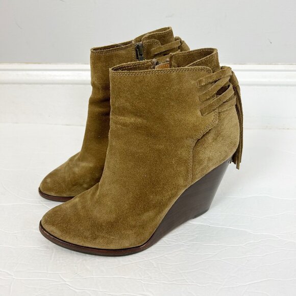 Frye Cece Tassel Wedge Bootie Suede Boots Size 8.5 Army Green Brown Women's - Picture 1 of 6